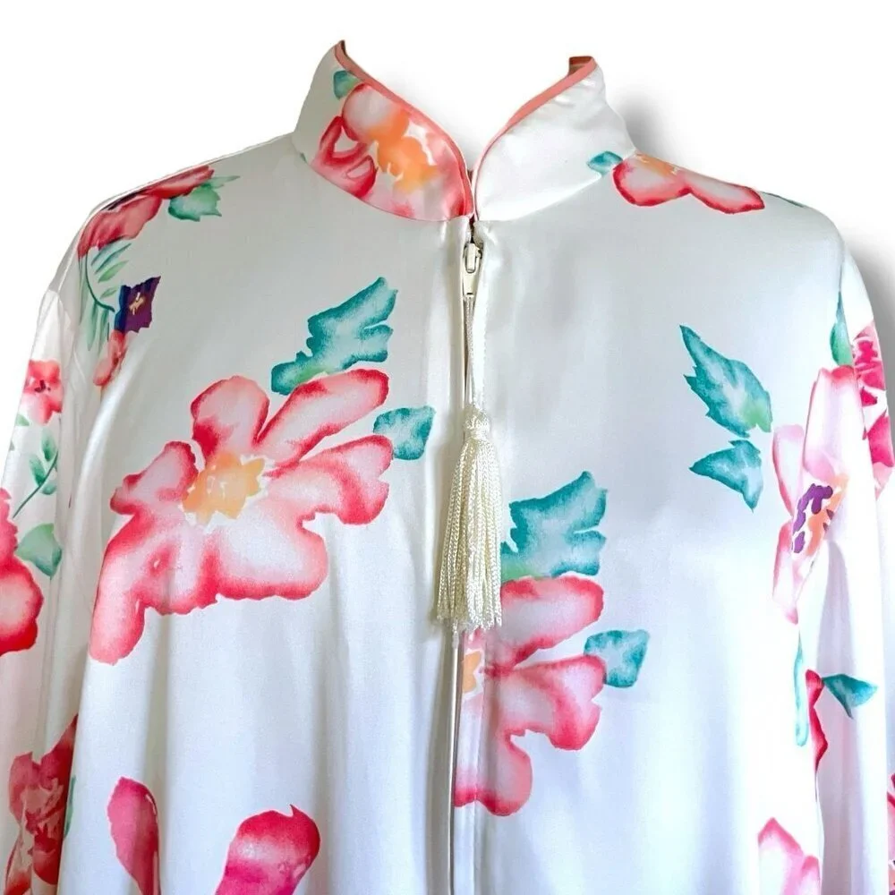 Vintage Natori Womens Robe Sz Large Ivory Pink Tropical Floral Kaftan House Coat